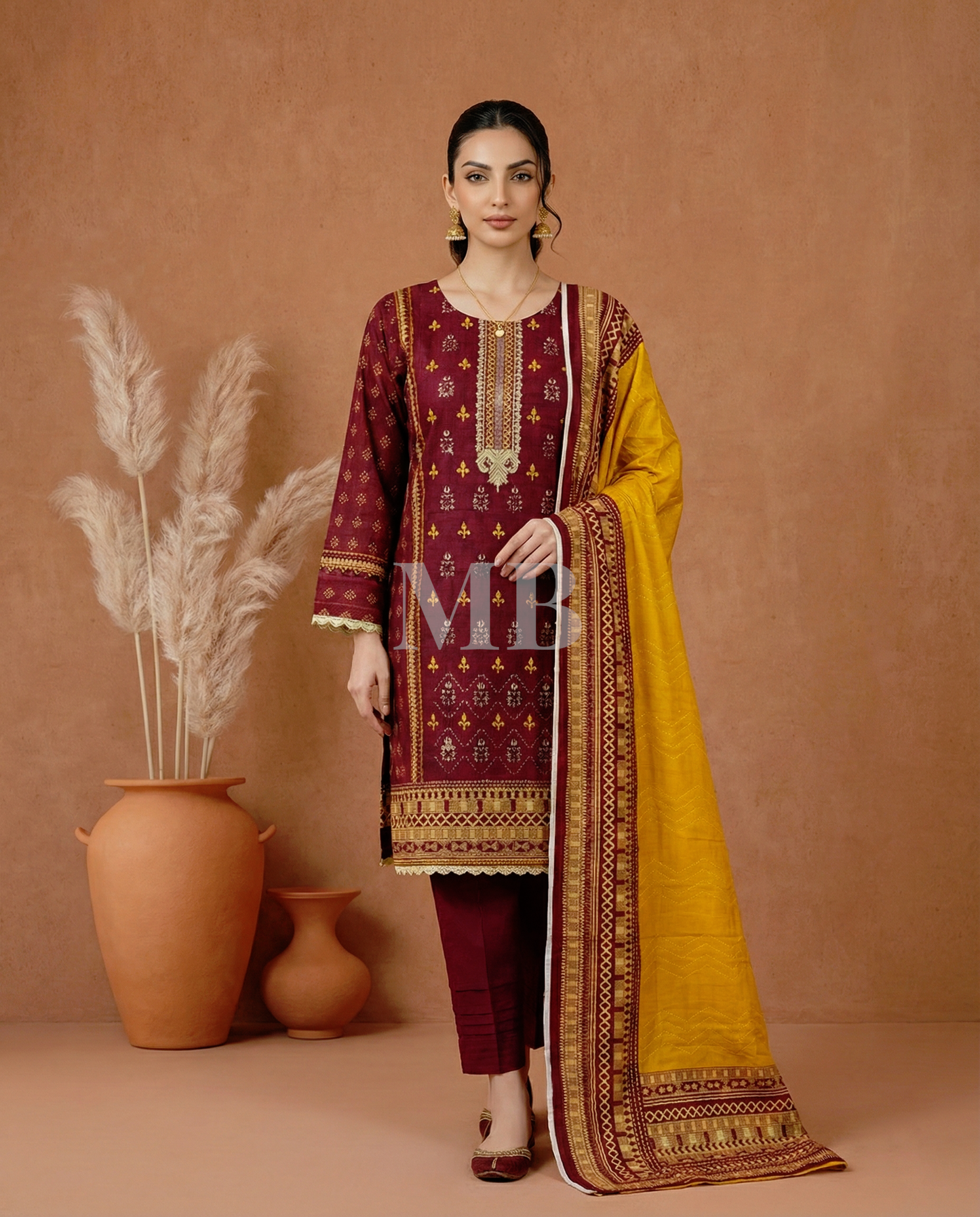 K&R Khaddar - Khaddar Dupatta 411 Mehroon