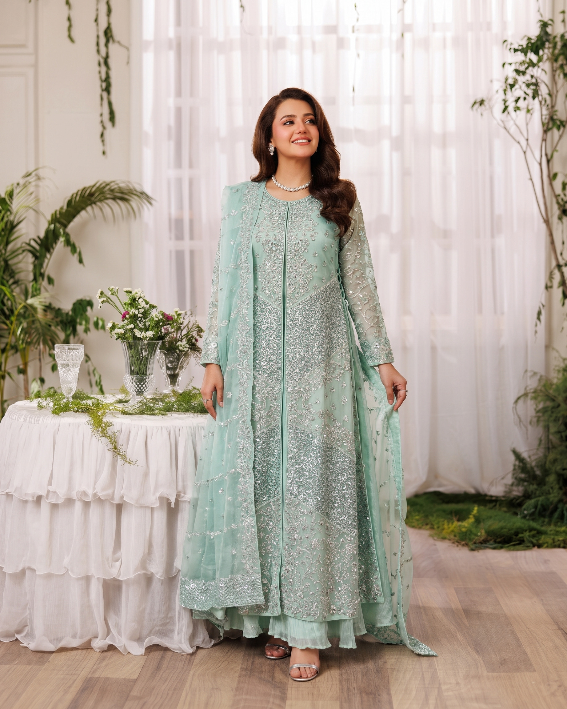 A woman models a mint green traditional outfit with matching embroidered dupatta in a decorated indoor setting with white drapes, plants, and a white draped table.