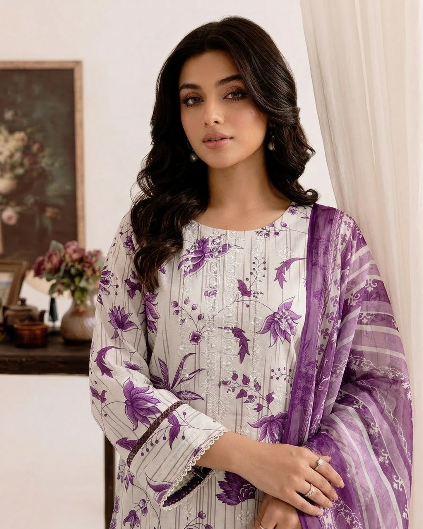 K&R Lawn - Chiffon Dupatta 639 White & Purple