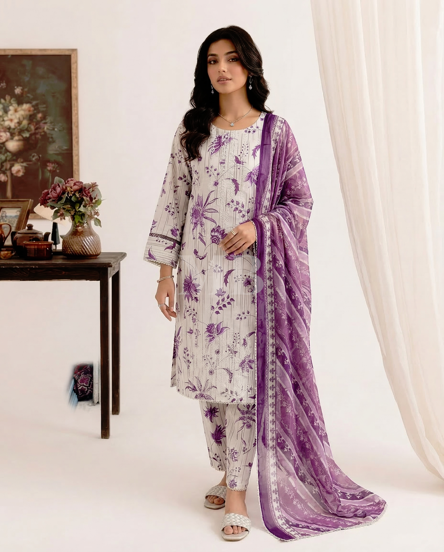 K&R Lawn - Chiffon Dupatta 639 White & Purple