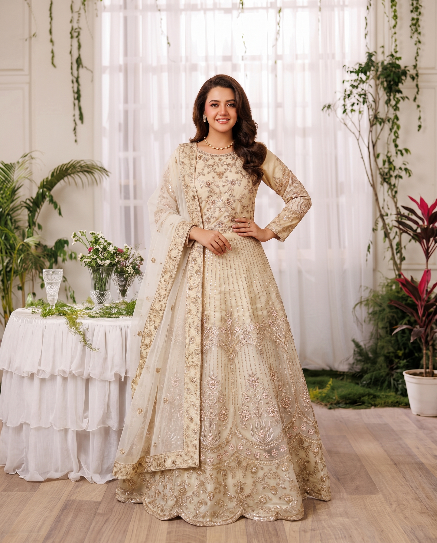 A woman stands indoors wearing an ornate cream-beige traditional gown with heavy floral embroidery and a matching sheer dupatta. The room has white curtains, hanging greenery, a decorated table, and potted plants.