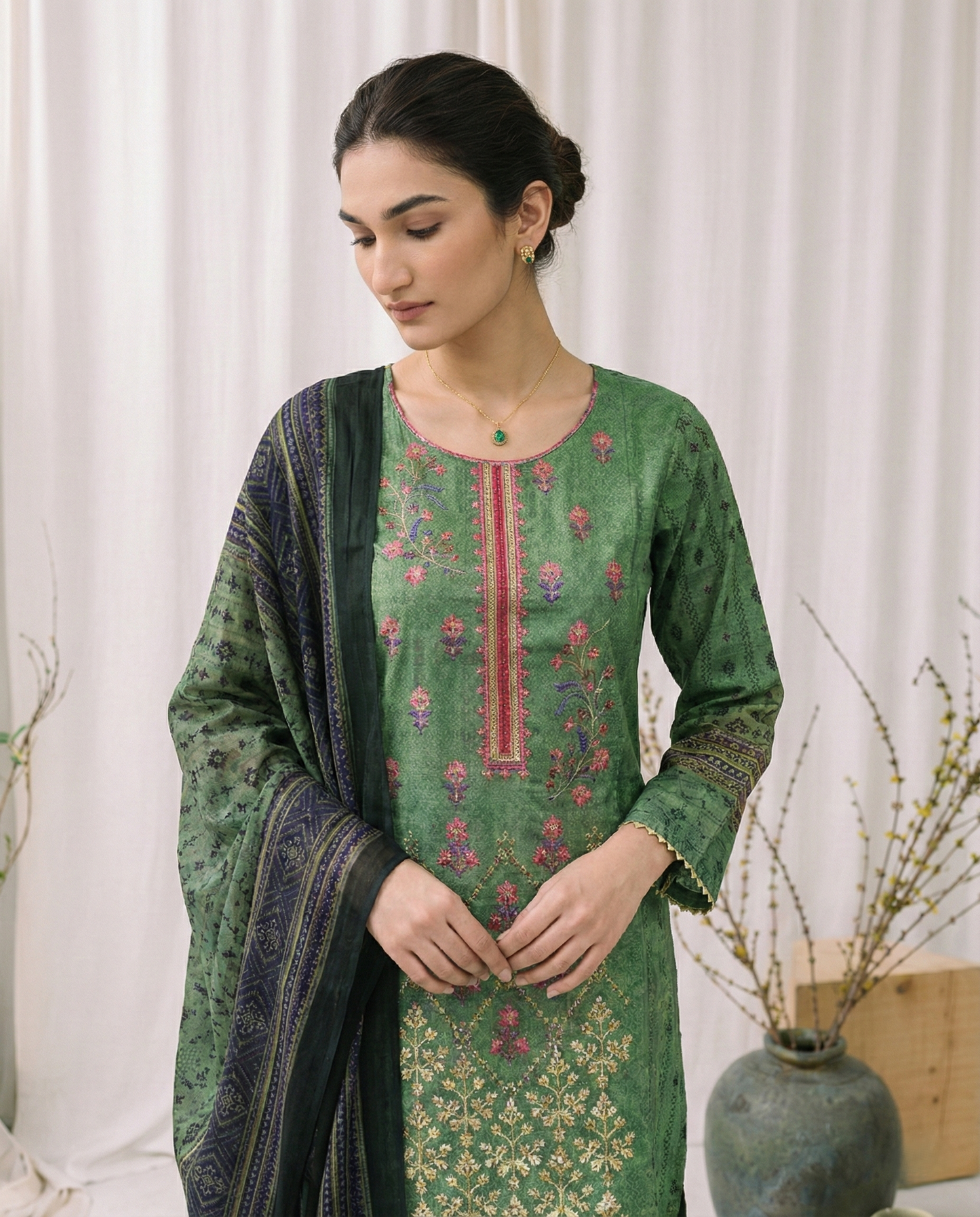 HM Lawn - Chiffon Dupatta 301 Dark Green