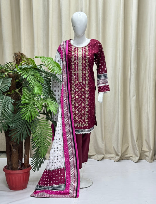 HM Lawn with Lawn Dupatta 185 Mehroon