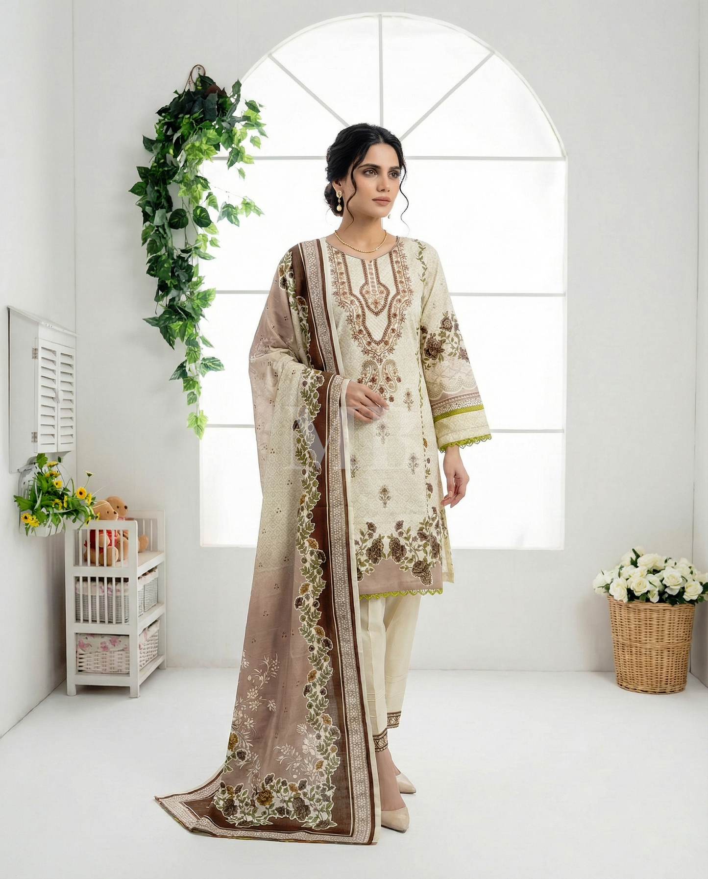 K&R Khaddar - Khaddar Dupatta 399 White Brown