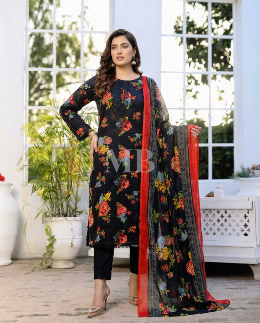 K&R Lawn - Chiffon Dupatta 626 Black