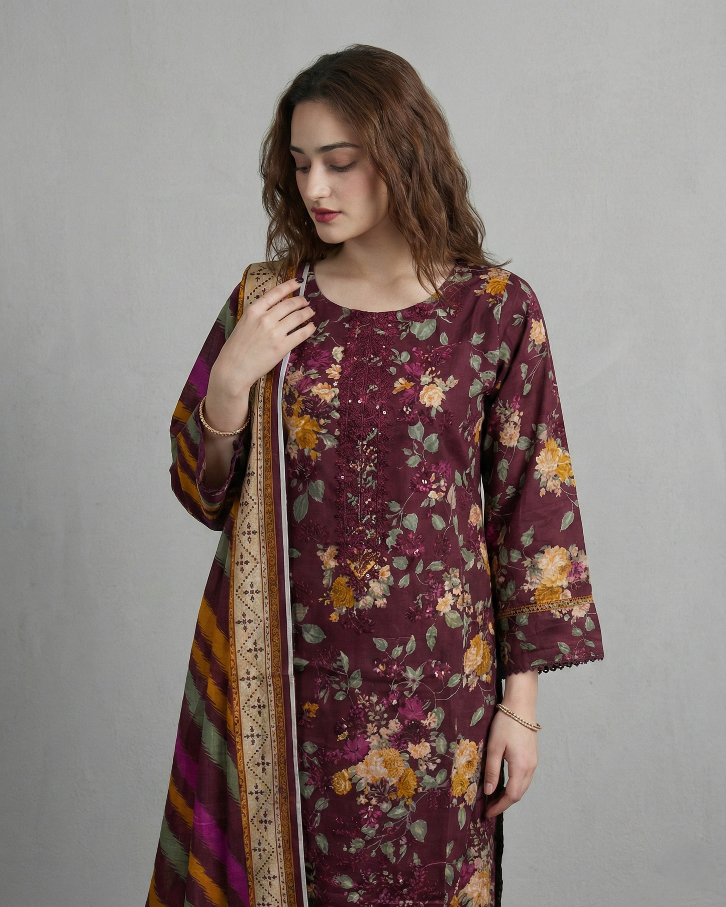 K&R Lawn - Lawn Dupatta 574 Mehroon