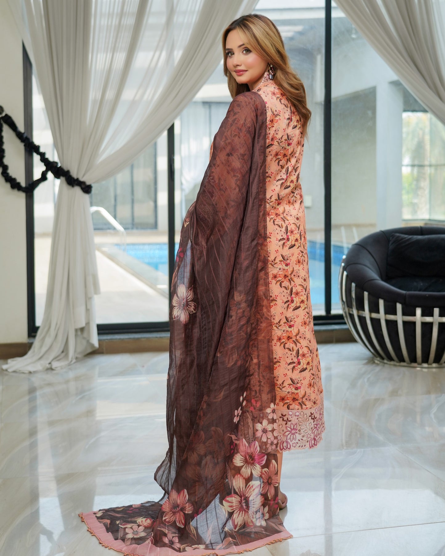Munira Gulnar Lawn Frock Peach