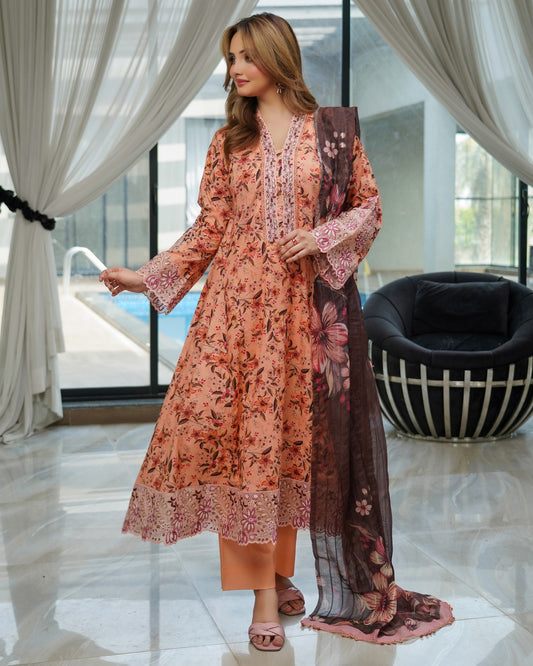 Munira Gulnar Lawn Frock Peach