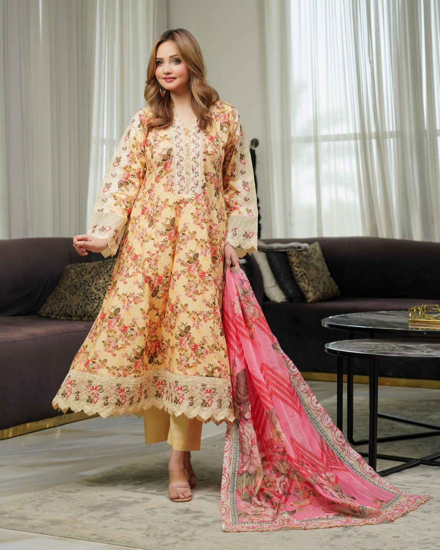 Munira Gulnar Lawn Frock Mustard