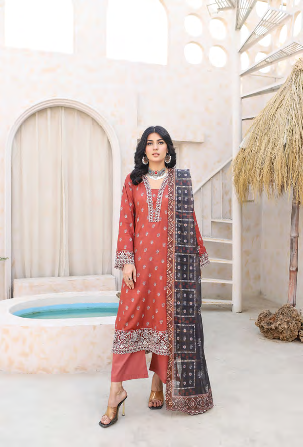 Munira July Embroidery Lawn MSL 03 Rust