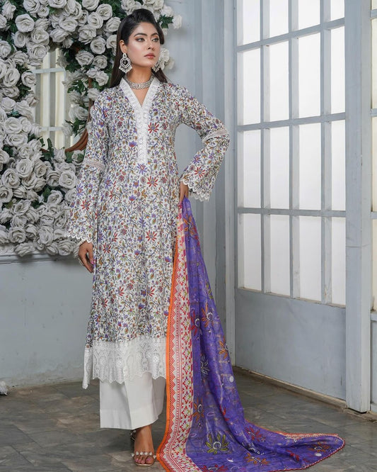 Munira May Printed Embroidered Lawn MSL 07 White